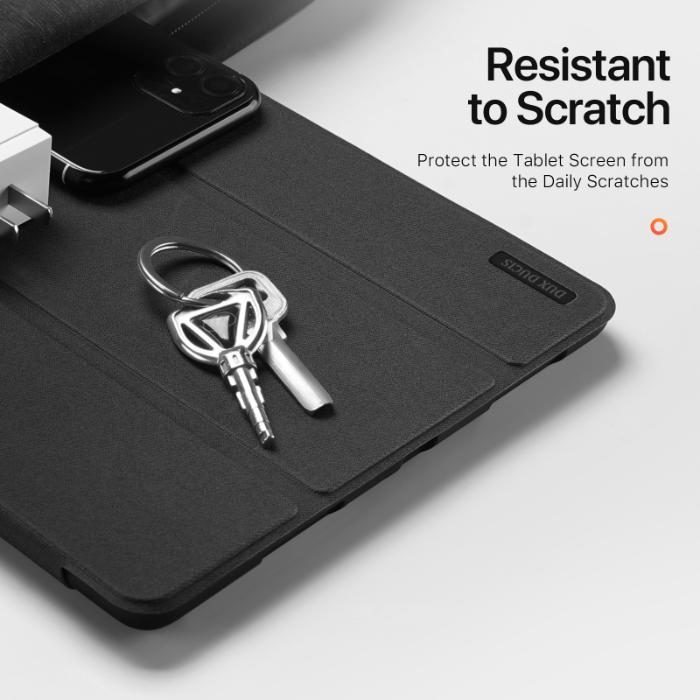 Black DOMO Dux Ducis Folio Case for iPad Pro 11" (2024/2025) showing its scratch-resistant feature on a white background