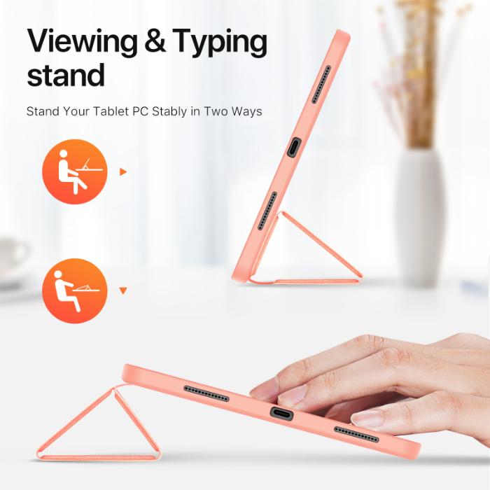 Black DOMO Dux Ducis Folio Case for iPad Pro 11" (2024/2025) showing its viewing and typing stand feature with a blurred background