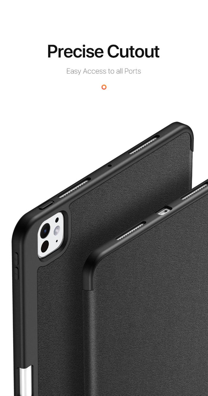 Black DOMO Dux Ducis Folio Case for iPad Pro 13" (2024) with precise cutout for easy access to ports on a white background