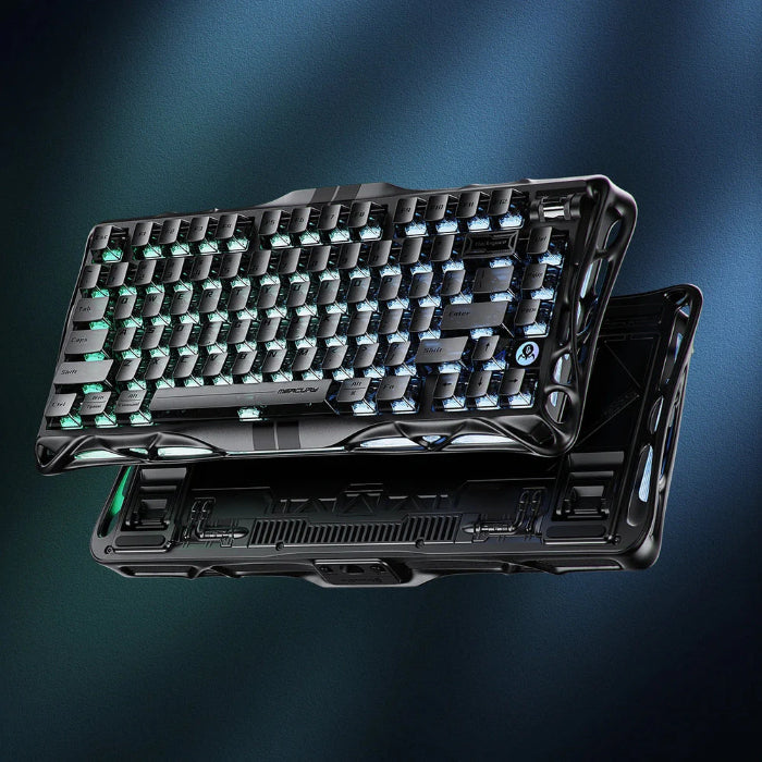 Stealth Black GravaStar Mercury V75 75% Hall Effect Magnetic Switch Gaming Keyboards with RGB lighting on a dark background