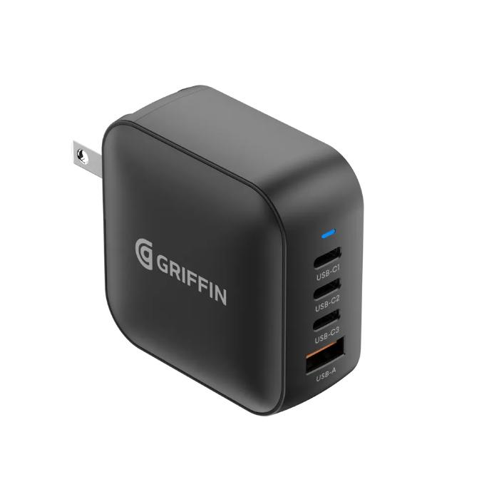 Black GRIFFIN PowerBlock 100w GaN PD3.0 Fast Charging Wall Charger on a white background