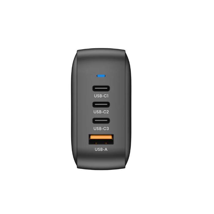 Black GRIFFIN PowerBlock 100w GaN PD3.0 Fast Charging Wall Charger with labeled ports on a white background