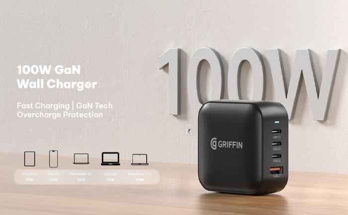 Black GRIFFIN PowerBlock 100w GaN PD3.0 Fast Charging Wall Charger on a wooden surface with a light gray background