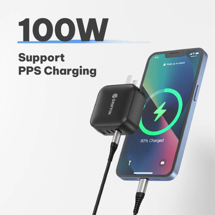 Black GRIFFIN PowerBlock 100w GaN PD3.0 Fast Charging Wall Charger with smartphone showing charging progress on a white background
