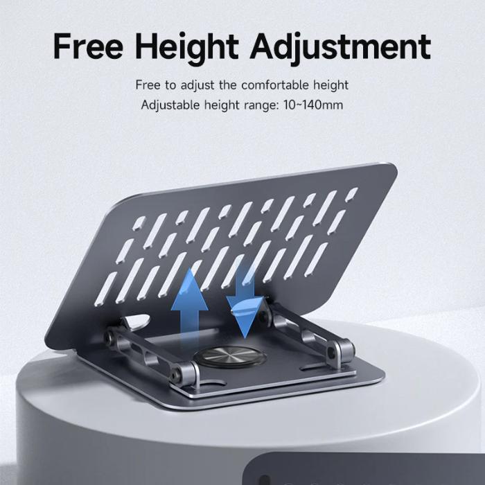 Space Grey HAGIBIS NBS04 Laptop Stand Carbon Steel Material with text indicating free height adjustment range on a light gray background