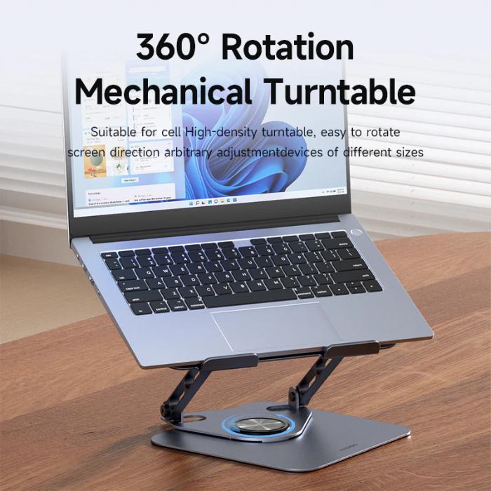 Laptop on a 360-degree rotation mechanical turntable on a Space Grey HAGIBIS NBS04 Laptop Stand Carbon Steel Material on a wooden surface.