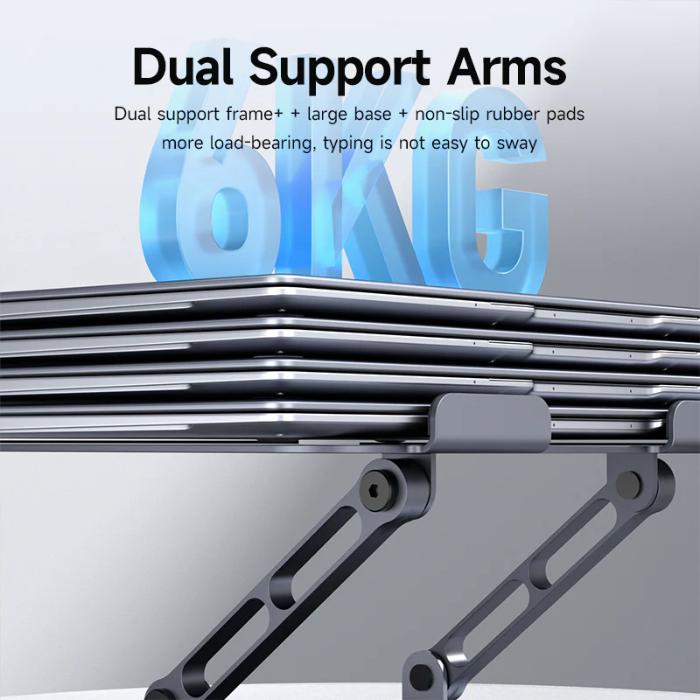 Space Grey HAGIBIS NBS04 Laptop Stand Carbon Steel Material with dual support arms and text highlighting features on a white background