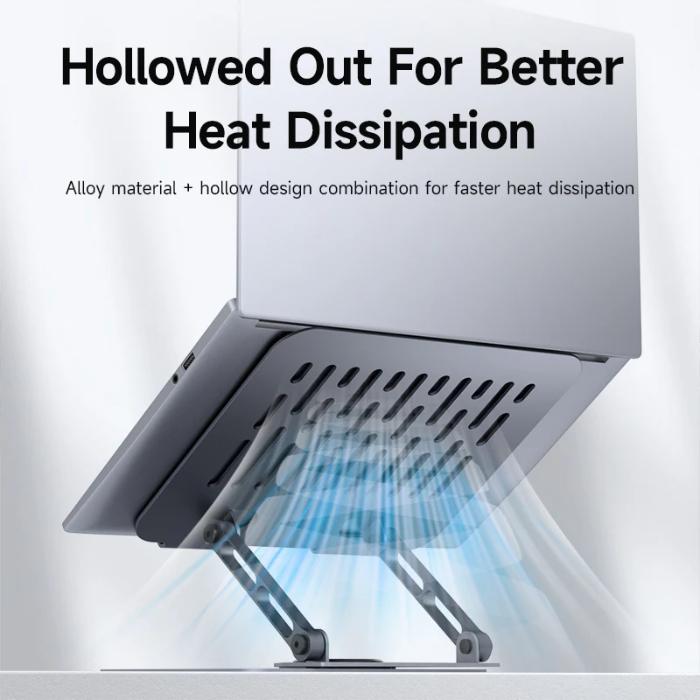 Space Grey HAGIBIS NBS04 Laptop Stand Carbon Steel Material cooling stand with text highlighting heat dissipation features on a white background