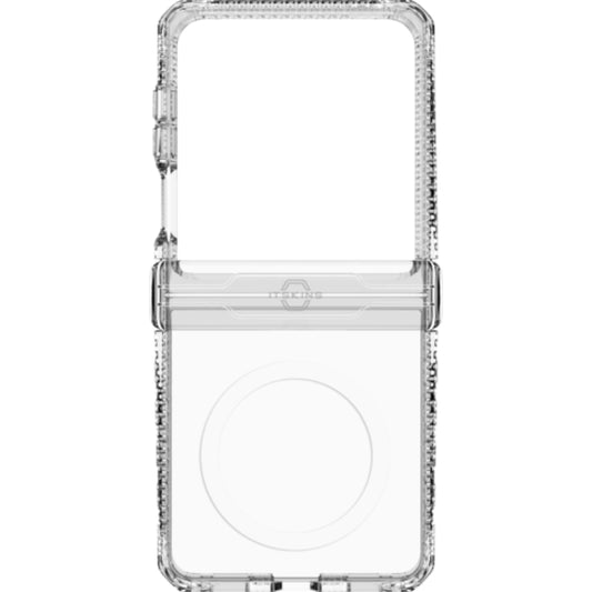 Clear ITSKINS Hybrid R Clear Hinge Magnetic Case for Samsung Galaxy Z Flip 7 (2025) on a white background