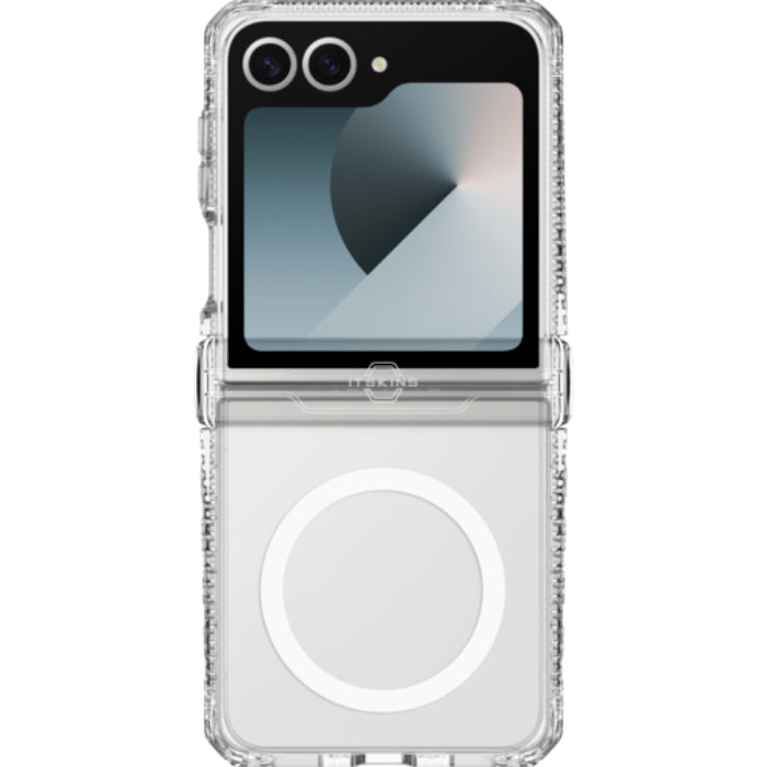 Clear ITSKINS Hybrid R Clear Hinge Magnetic Case for Samsung Galaxy Z Flip 7 (2025) on a white background