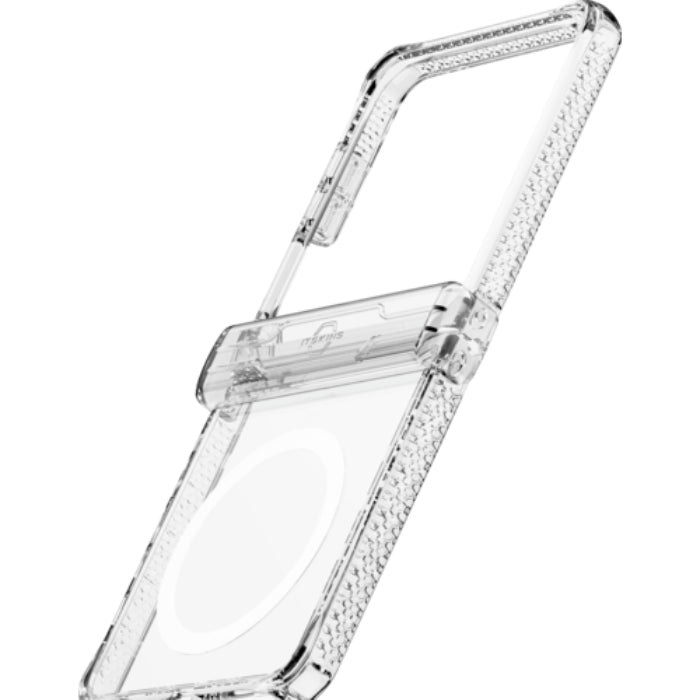 Clear ITSKINS Hybrid R Clear Hinge Magnetic Case for Samsung Galaxy Z Flip 7 (2025) on a white background