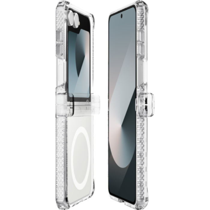 Clear ITSKINS Hybrid R Clear Hinge Magnetic Case for Samsung Galaxy Z Flip 7 (2025) on a white background