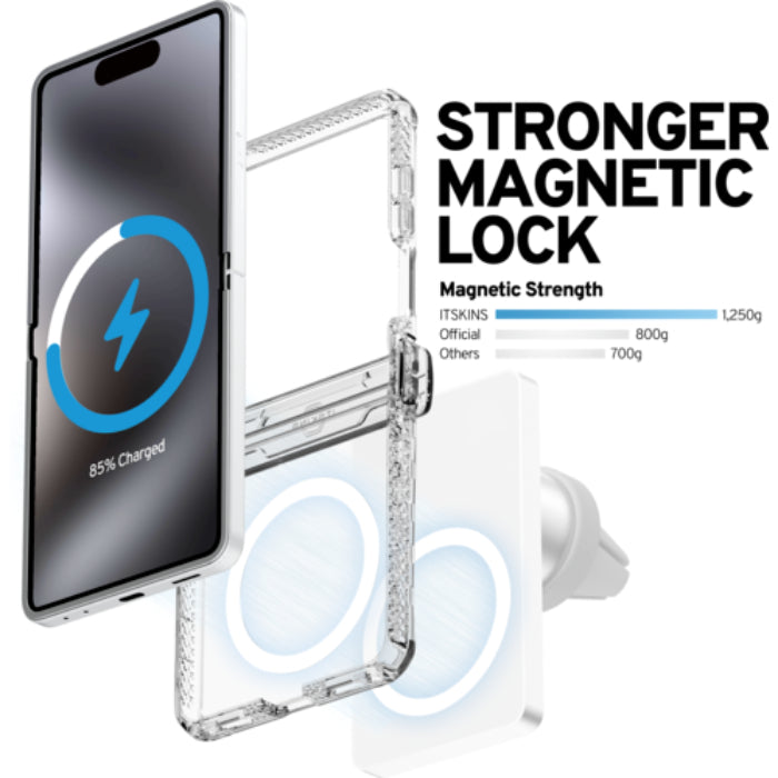 Clear ITSKINS Hybrid R Clear Hinge Magnetic Case for Samsung Galaxy Z Flip 7 (2025) with magnetic lock feature and charging indicator on a white background