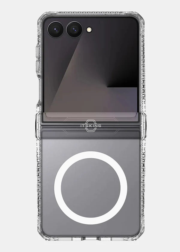 Clear ITSKINS Hybrid R Clear Hinge Magnetic Case for Samsung Galaxy Z Flip 7 (2025) on a white background