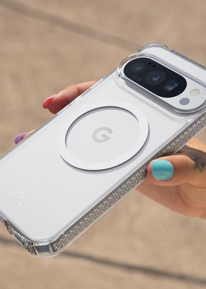 Transparent ITSKINS Hybrid R Clear Magnetic Case for Google Pixel 10 Pro XL (2025) held by a hand on a beige background