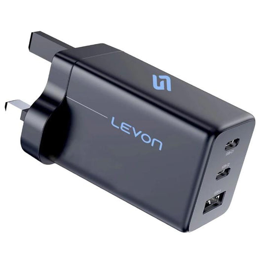 Black Levon Nova 65w 3-Port GaN Wall Charger for Laptop & Mobile on a white background