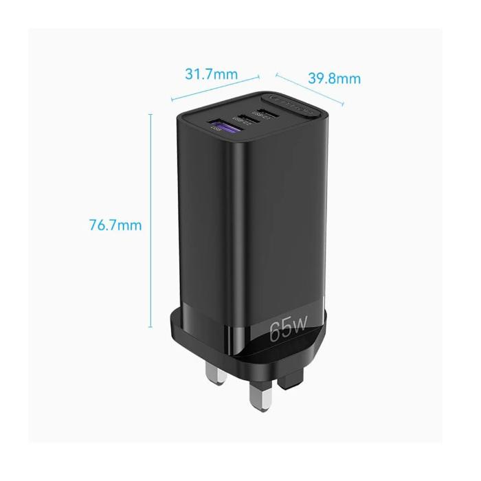 Black Levon Nova 65w 3-Port GaN Wall Charger for Laptop & Mobile  with USB ports and measurements on a white background