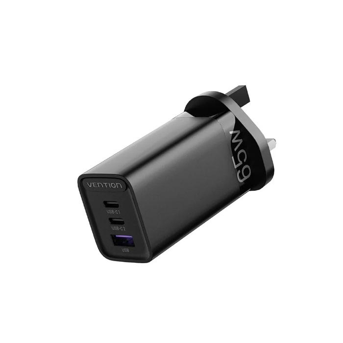 Black Levon Nova 65w 3-Port GaN Wall Charger for Laptop & Mobile with multiple ports on a white background