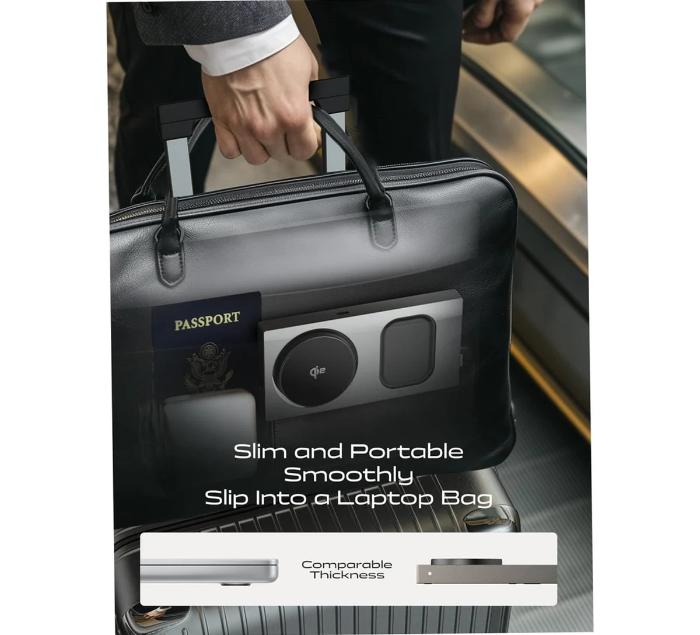 Black laptop bag with handle, showing a passport and a Titanium Gold LISEN W104 3-in-1 Qi2 15W Magnetic Wireless Charger, on a white background.