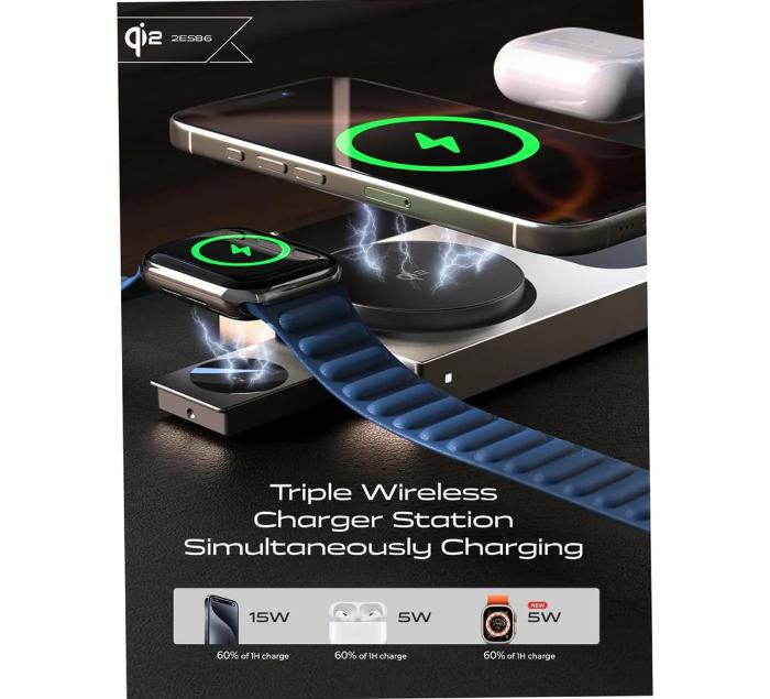 Titanium Gold LISEN W104 3-in-1 Qi2 15W Magnetic Wireless Charger charging a phone, smartwatch, and wireless earbuds with visible charging symbols.