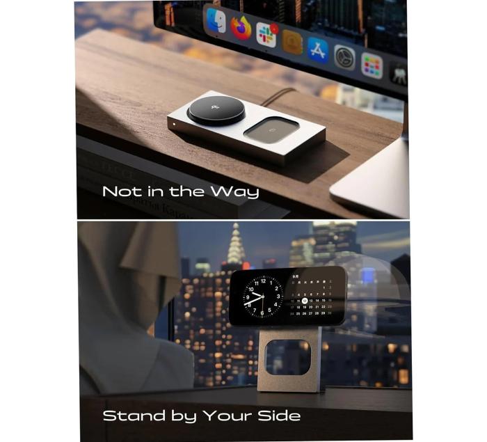 Titanium Gold LISEN W104 3-in-1 Qi2 15W Magnetic Wireless Charger with text 'Not in the Way' and 'Stand by Your Side' against a blurred cityscape background.