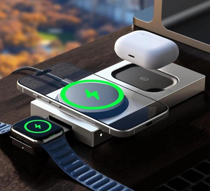 Titanium Gold LISEN W104 3-in-1 Qi2 15W Magnetic Wireless Charger with smartphone, smartwatch, and wireless earbuds on a wooden surface.