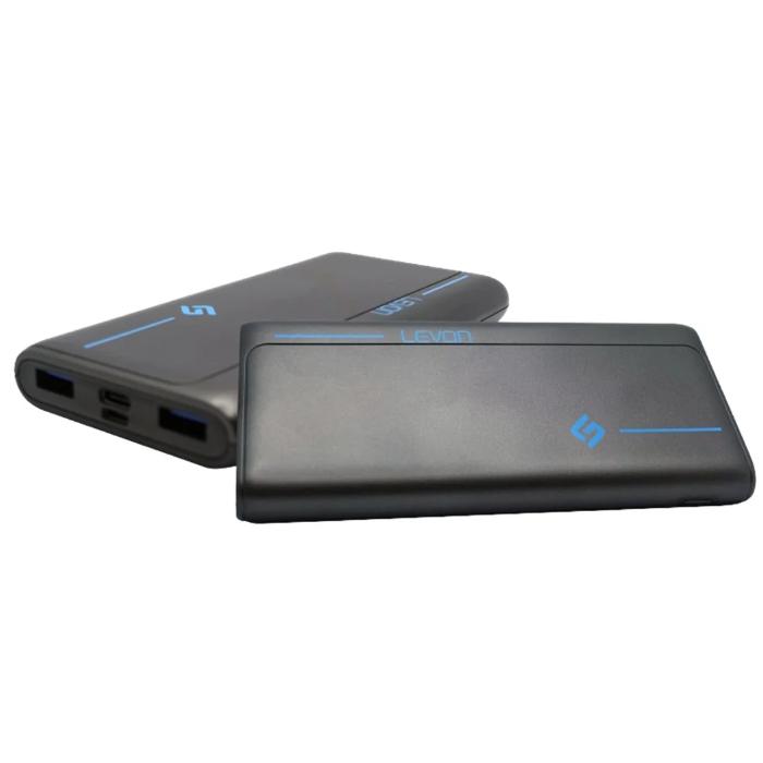 Two Black Levon ReBoost PD20w QC3.0 Fast Charge PowerBank  with blue accents on a white background