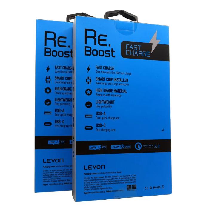 Two blue Levon ReBoost PD20w QC3.0 Fast Charge PowerBank with text on a white background