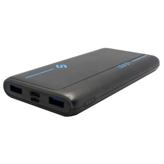 Black Levon ReBoost PD20w QC3.0 Fast Charge PowerBank with multiple ports on a white background