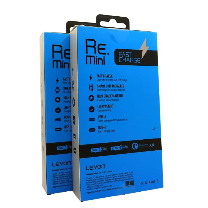 Two blue packaging boxes for Black Levon ReMini PD30w QC3.0 Fast Charge PowerBank  on a white background