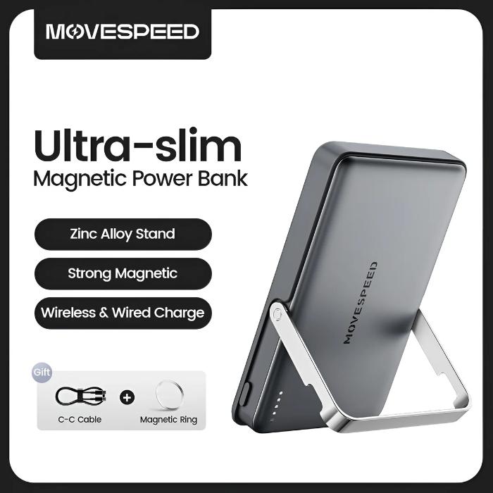 Space Gray MOVESPEED PBS10Pro 10000mAh Wireless Magnetic Power Bank with Holder - ultra-slim magnetic power bank with stand on a white background