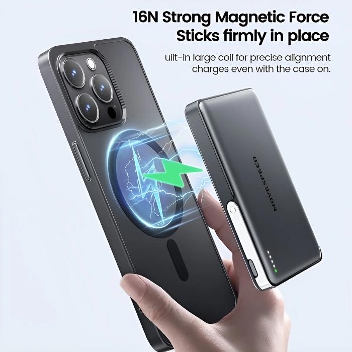 Space Gray MOVESPEED PBS10Pro 10000mAh Wireless Magnetic Power Bank with Holder on a white background with magnetic charging feature held by a hand, showing text about strong magnetic force.