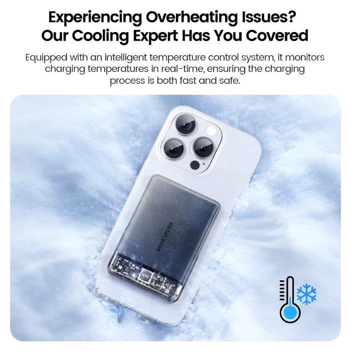 Space Gray MOVESPEED PBS10Pro 10000mAh Wireless Magnetic Power Bank with Holder with cooling system feature on a blue gradient background
