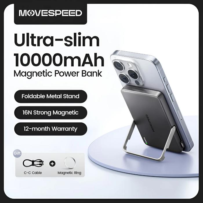 Space Gray MOVESPEED PBS10Pro 10000mAh Wireless Magnetic Power Bank with Holder-  Ultra-slim 10000mAh Magnetic Power Bank with phone stand on a white background