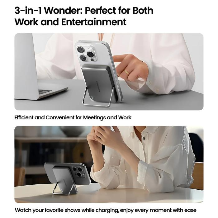 Space Gray MOVESPEED PBS10Pro 10000mAh Wireless Magnetic Power Bank with Holder being used as a phone stand with a phone, laptop, and person holding a phone in different settings.