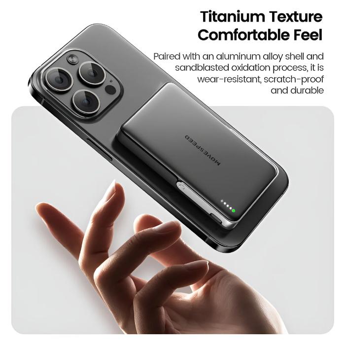 Space Gray MOVESPEED PBS10Pro 10000mAh Wireless Magnetic Power Bank with Holder on a white background, highlighting titanium texture and durable features.