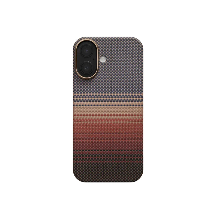 Sunset PITAKA Ultra-Slim Case for iPhone 17 6.3" (2025) with PitaTap on a white background