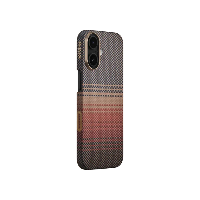 Sunset PITAKA Ultra-Slim Case for iPhone 17 6.3" (2025) with PitaTap on a white background