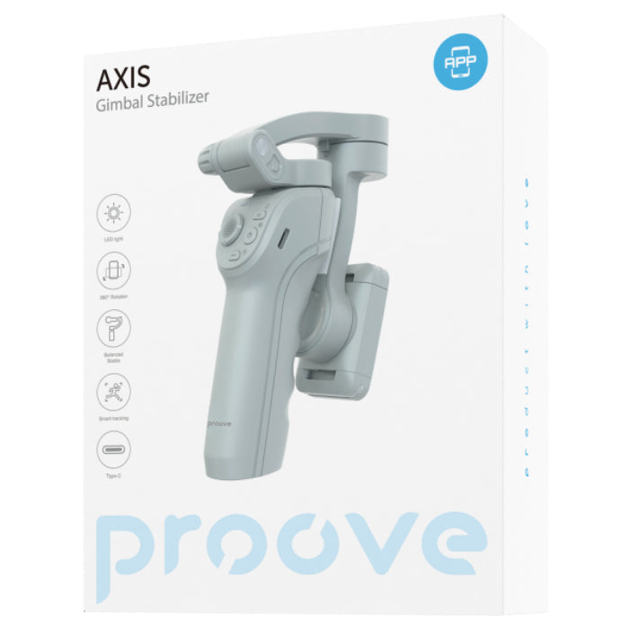 PROOVE Axis Gimbal Stabilizer 360° Rotation with LED Backlit Stabilizer packaging on a white background