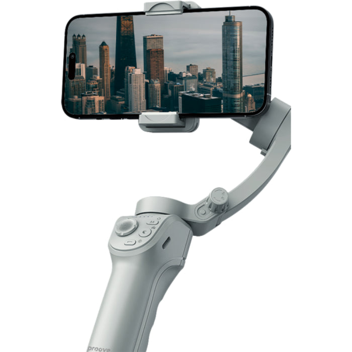 Gray PROOVE Axis Gimbal Stabilizer 360° Rotation with LED Backlit Stabilizer with phone mount displaying a cityscape.