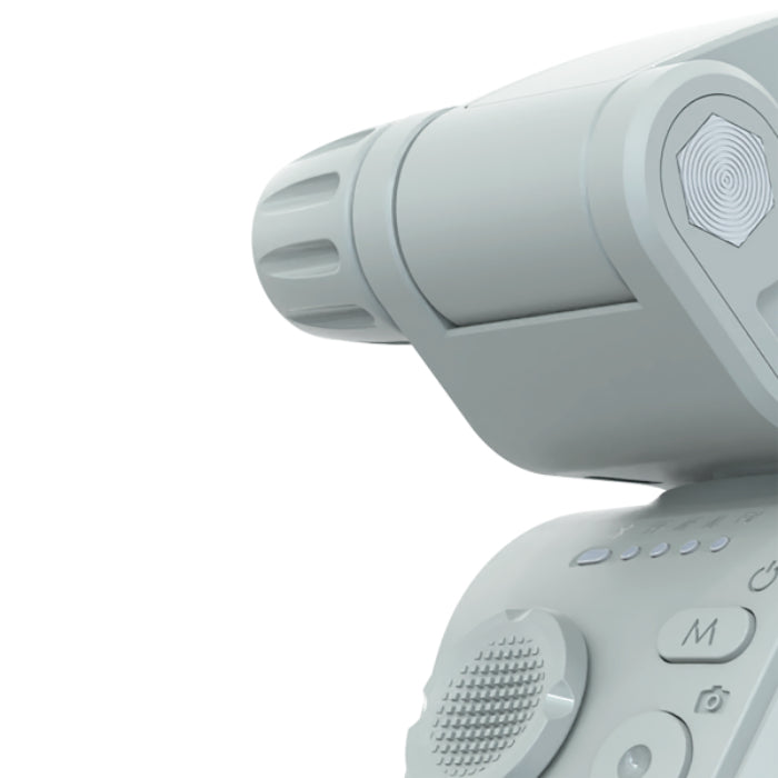 Close-up of a gray Gray PROOVE Axis Gimbal Stabilizer 360° Rotation with LED Backlit Stabilizer on a white background