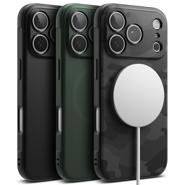 Black, Camo Black and Dark Green RINGKE Onyx Magnetic Case for iPhone 17 Pro 6.3" (2025) logo on a white background