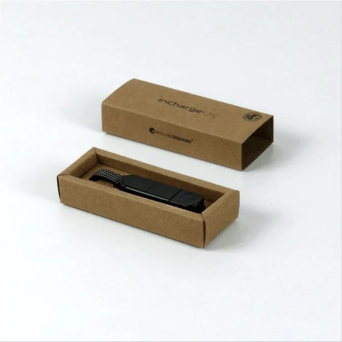 BLACK Rolling Square InCharge X  6 in 1 KeyRing Size 100w Fast Charging and Data Cable packaging on a white background