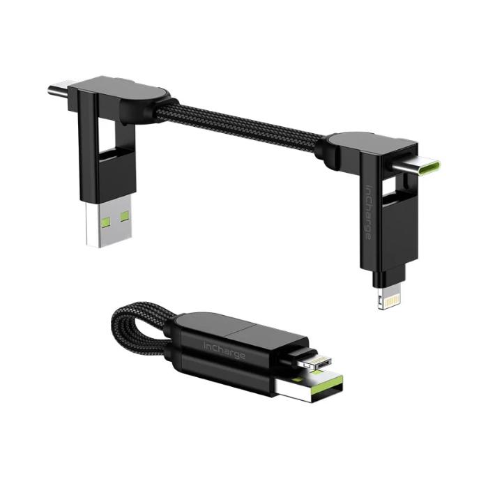 BLACK Rolling Square InCharge X  6 in 1 KeyRing Size 100w Fast Charging and Data Cable on a white backround