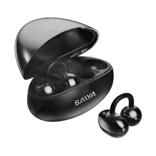 Black SAIYA AeroClip Open Wireless Bluetooth Headphones with charging case on a white background, featuring the 'SAIYA' brand.