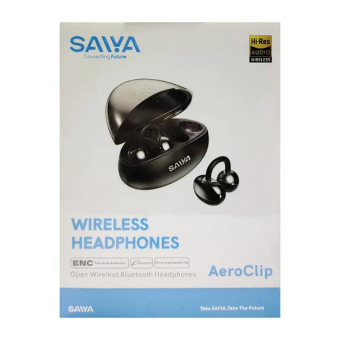 Black SAIYA AeroClip Open Wireless Bluetooth Headphones packaging with black earbuds and charging case on a light gray background