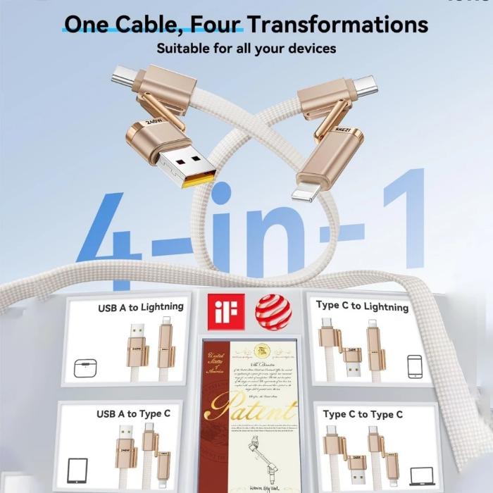 White/Gold STYLEPIE L18 240W 4 in 1 Fast Charging Cable 480mbps with multiple connectors on a light blue background