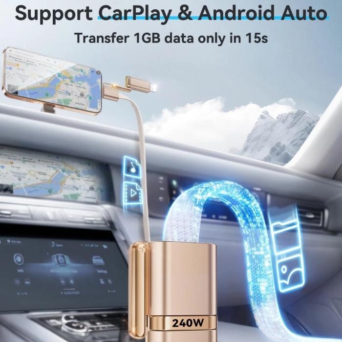 White/Gold STYLEPIE L18 240W 4 in 1 Fast Charging Cable 480mbps with phone mount on car dashboard, showing CarPlay and Android Auto support.