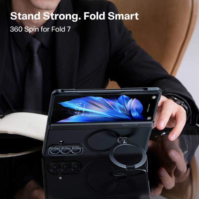 Person holding a phone with a Black TORRAS Ostand Q3 Spin Case for Samsung Galaxy Z Fold 7 (2025), featuring text 'Stand Strong. Fold Smart' and '360 Spin for Fold 7'.