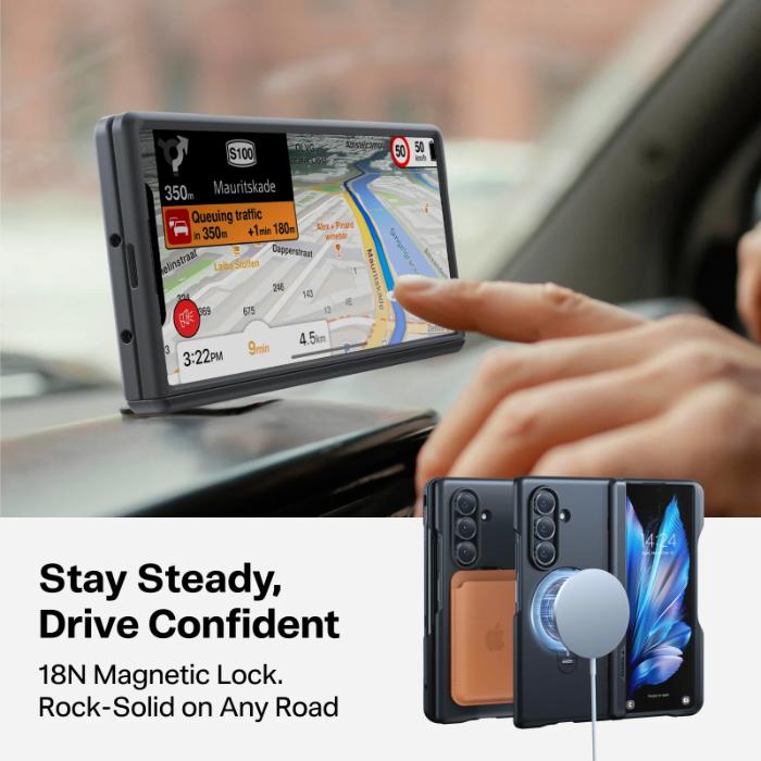 Smartphone with GPS app on a car dashboard, held by a hand, with promotional text about magnetic lock stability for TORRAS Ostand Q3 Spin Case for Samsung Galaxy Z Fold 7 (2025).
